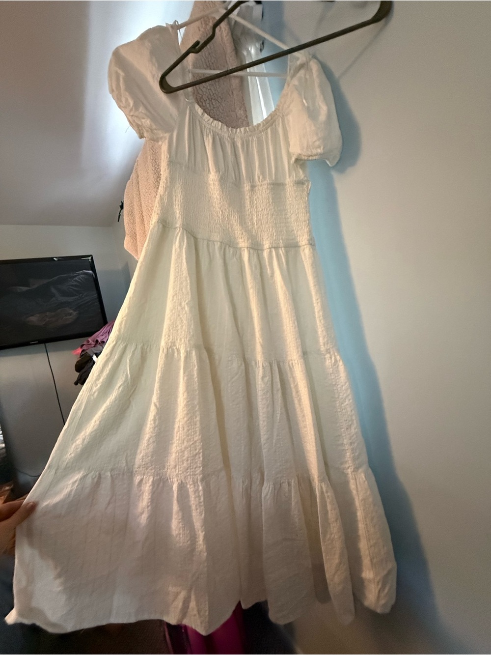Blu Pepper White Tiered Puff-Sleeve Midi Dress